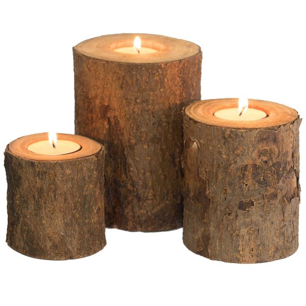 Vintiquewise Bark Wooden Pillar Tree Stump Tea Light Rustic Candle Holder , PK 3 QI003888.3